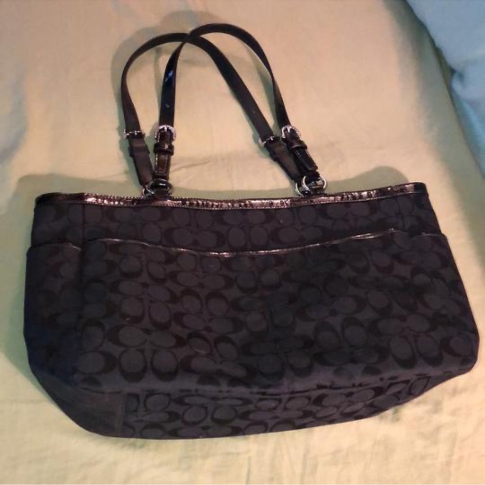 Authentic Coach tote with black iconic logos and black leather trim. - Picture 7 of 13